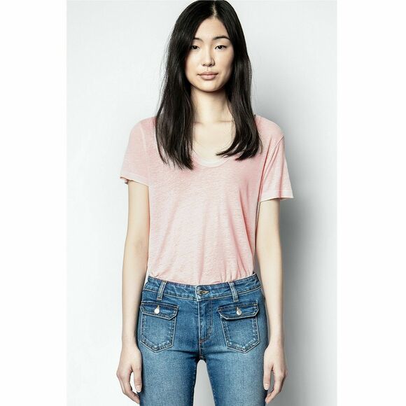 Zadig & Voltaire Atal Lin Solid T-Shirt Blouse Top Beaded Short Sleeve M 217676 - Picture 1 of 8